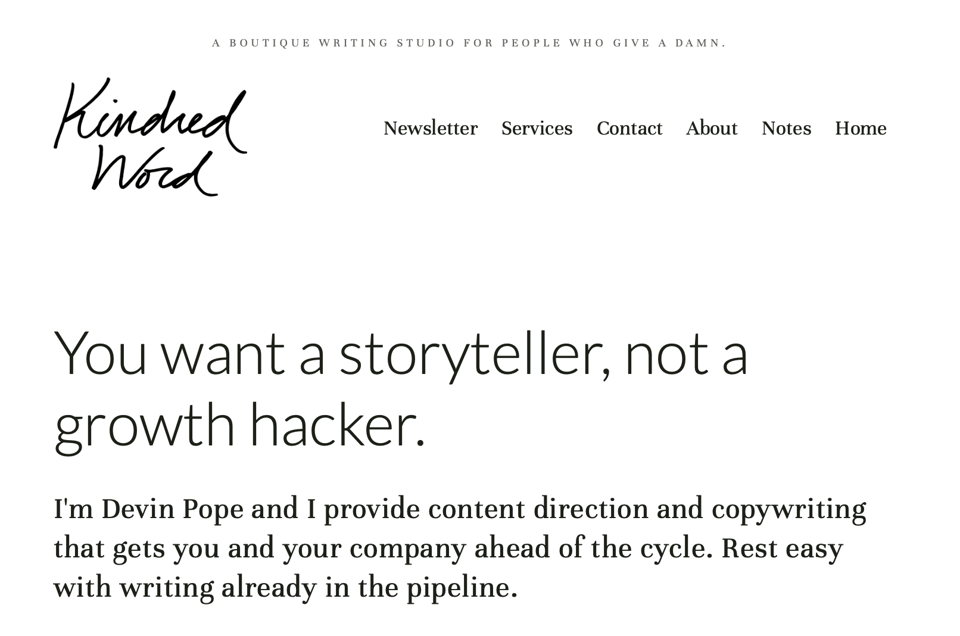 A screenshot of my first Kindred Word website -- I declare "You want a storyteller, not a growth hacker"