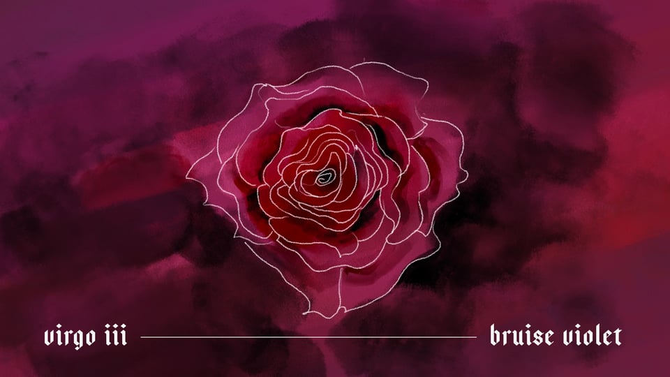 An image of a rose in white outline on a background of purples and reds.