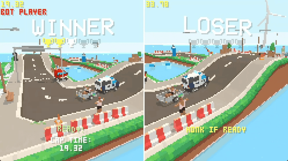 Screenshot of Autopeli with the player on left declared the winner with a laptime of 19.32