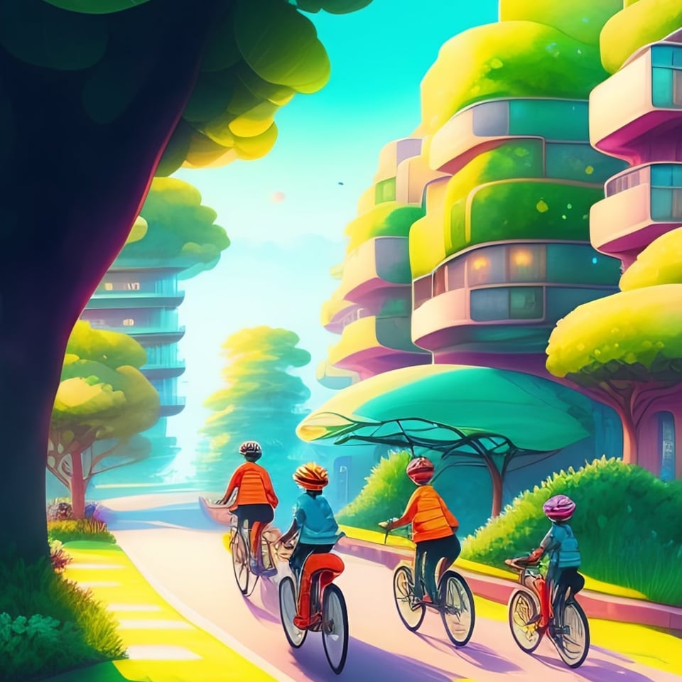 family on bikes riding in a solarpunk urban residential area