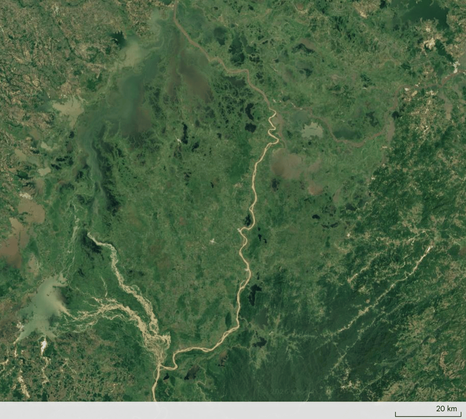 Satellite image of the La Mojana region, visualizing the bright tan/yellow color of the Cauca River and its spillways.