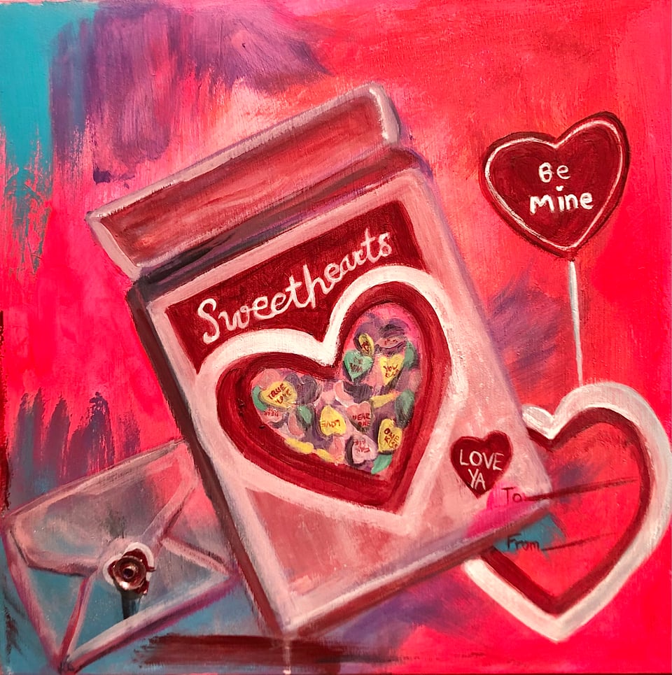 a painting of a sweetheats candy box on a abstracted flourescent ground