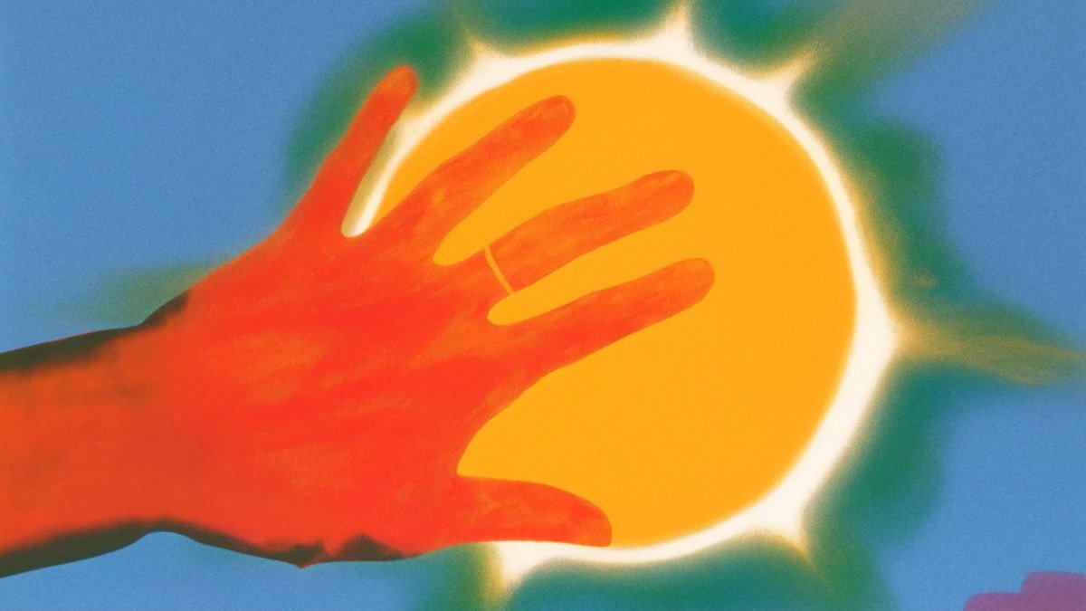 Abstract generative video still in warm orange and blue tones evoking a hand-like gesture, from Herinarivo Rakotomanana practice