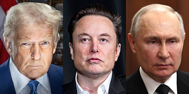 A composite triptych portrait of Donald Trump, Elon Musk, and Vladimir Putin.