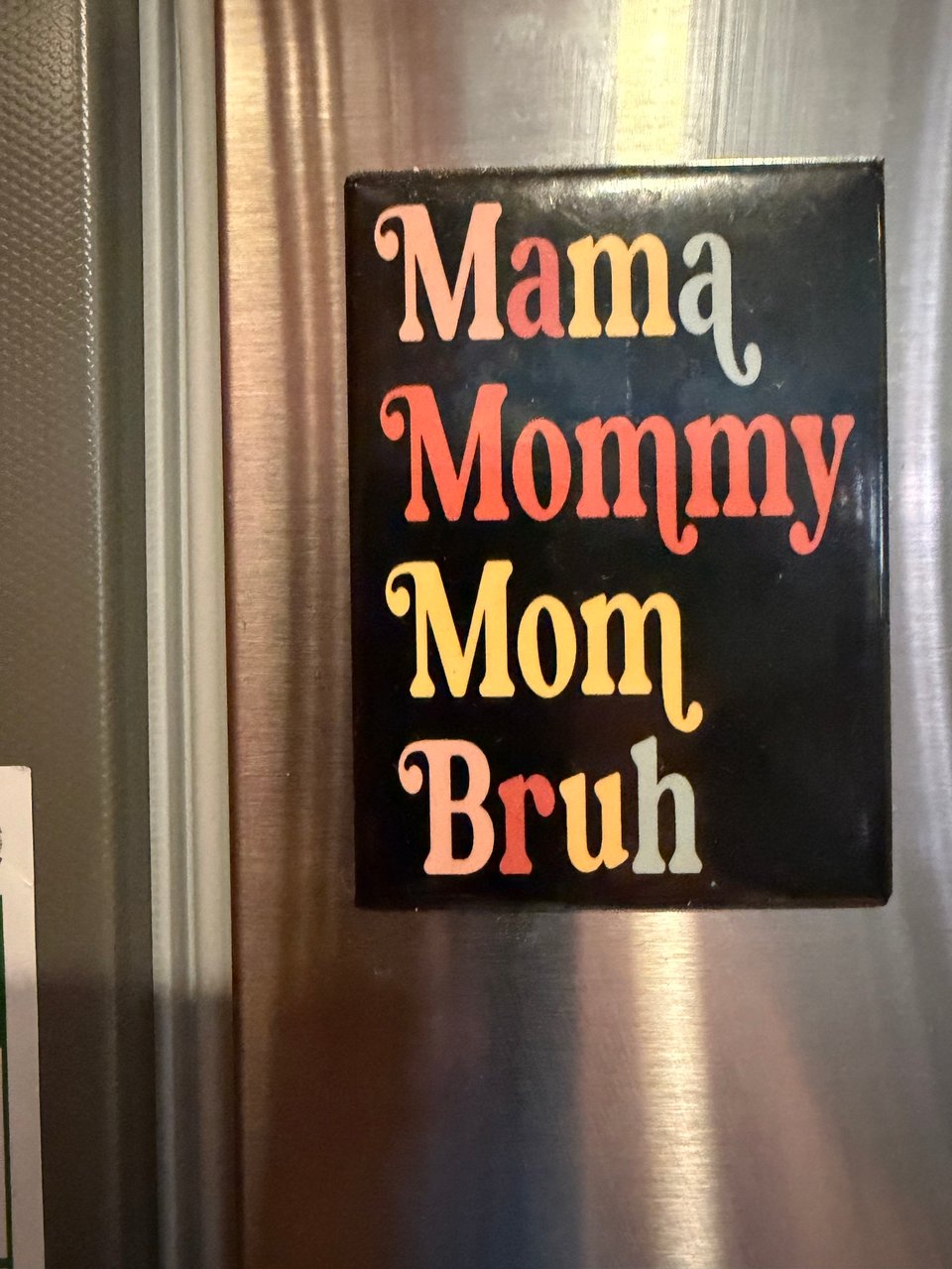 a magnet on a fridge reads Mama Mommy Mom Bruh vertically in multiple colors