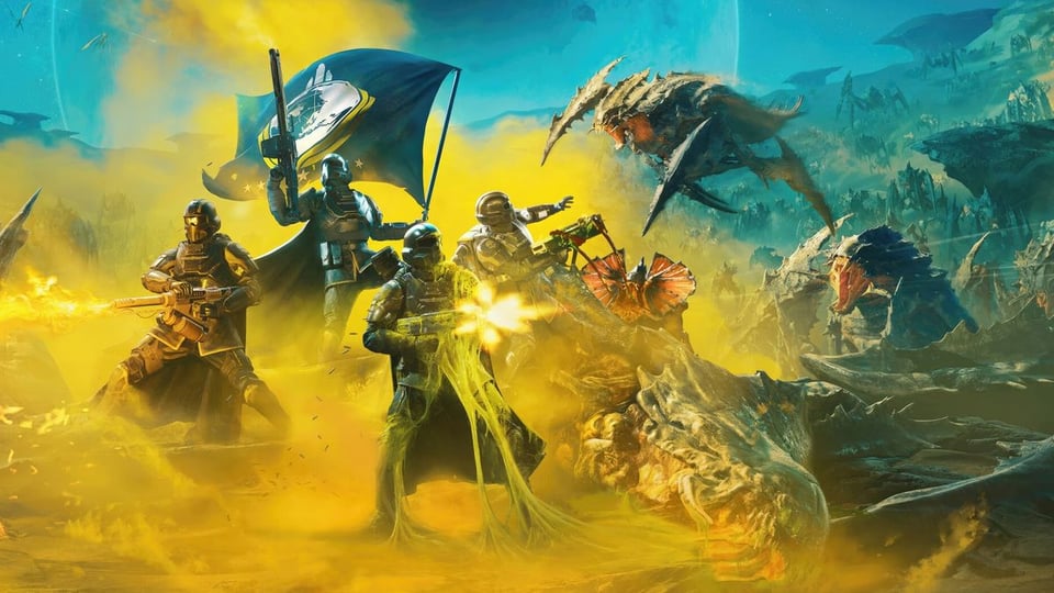 Promotional art for the game Helldivers 2 showing a squad of Helldiver soldiers battling waves of buglike aliens.