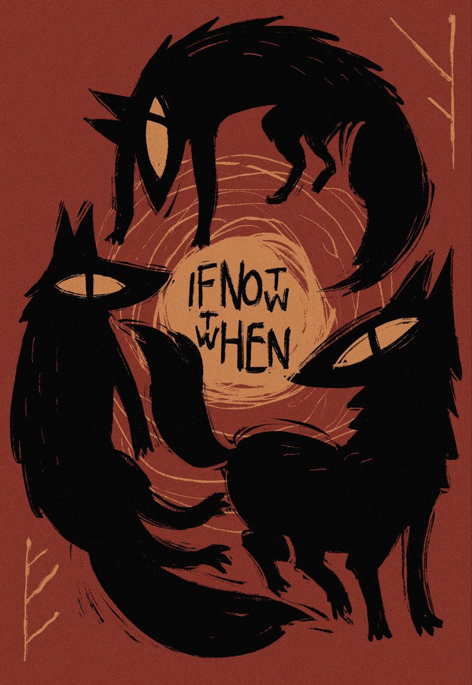 An illustration of black wolves with huge golden eyes around the stylized words "If not now, then when"?