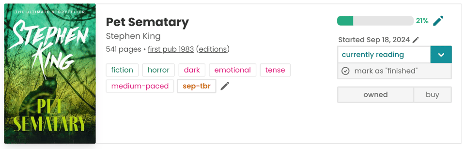 The app displays the book "Pet Sematary" by Stephen King, showing 21% progress with tags like fiction, horror, dark, emotional, tense, and medium-paced, including options to edit and mark as finished.
