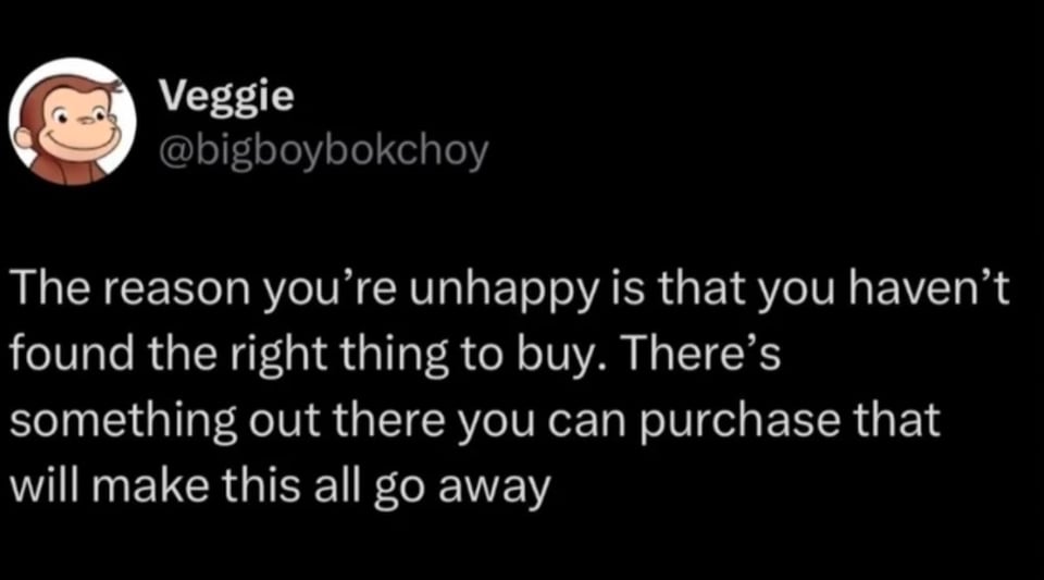 Twitter screenshot. @bigboybokchoy

The reason you're unhappy is that you haven't found the right thing to buy. There's something out there you can purchase that will make all this go away.