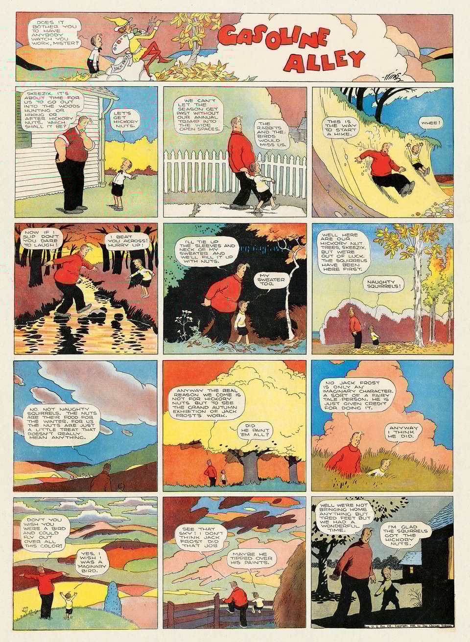 Gasoline Alley Sunday strip brilliantly colored with fall and sky tints showing Skeezix and Walt on a nature walk.
