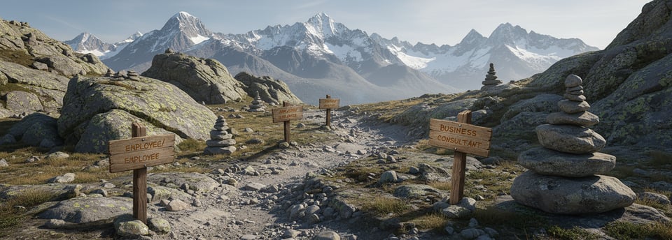 An AI-generated image of a mountainous trail with sign posts for different paths including employee and business-owner.