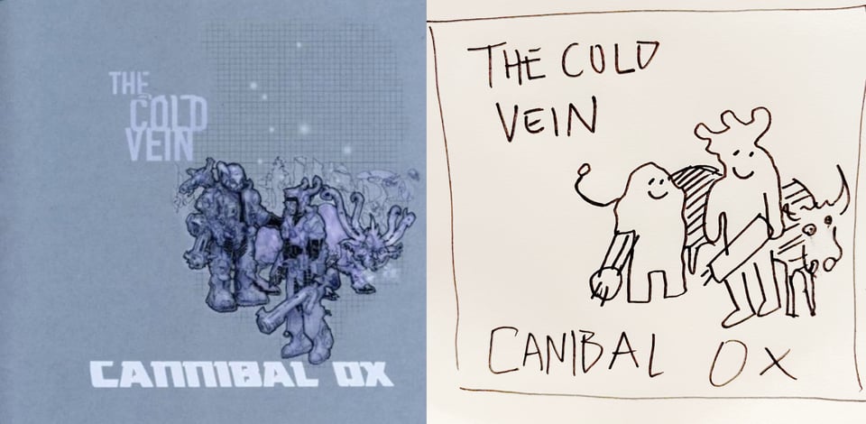 On a grey-blue background are grey, blue and purpple drawings of some SF/fantasy warrior types and a four-legged creature with tentacles coming out of its head. I would call the art style Warhammer 40k meets anime.