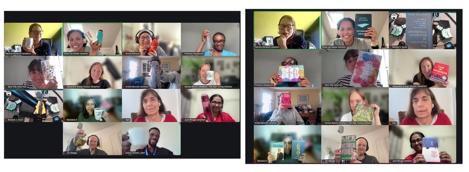 Alt: Two sets of screenshots from Zoom calls. Each from the social session where 14 people on the left are showing their water bottles/cups and 12 people on the right are showing a book each.