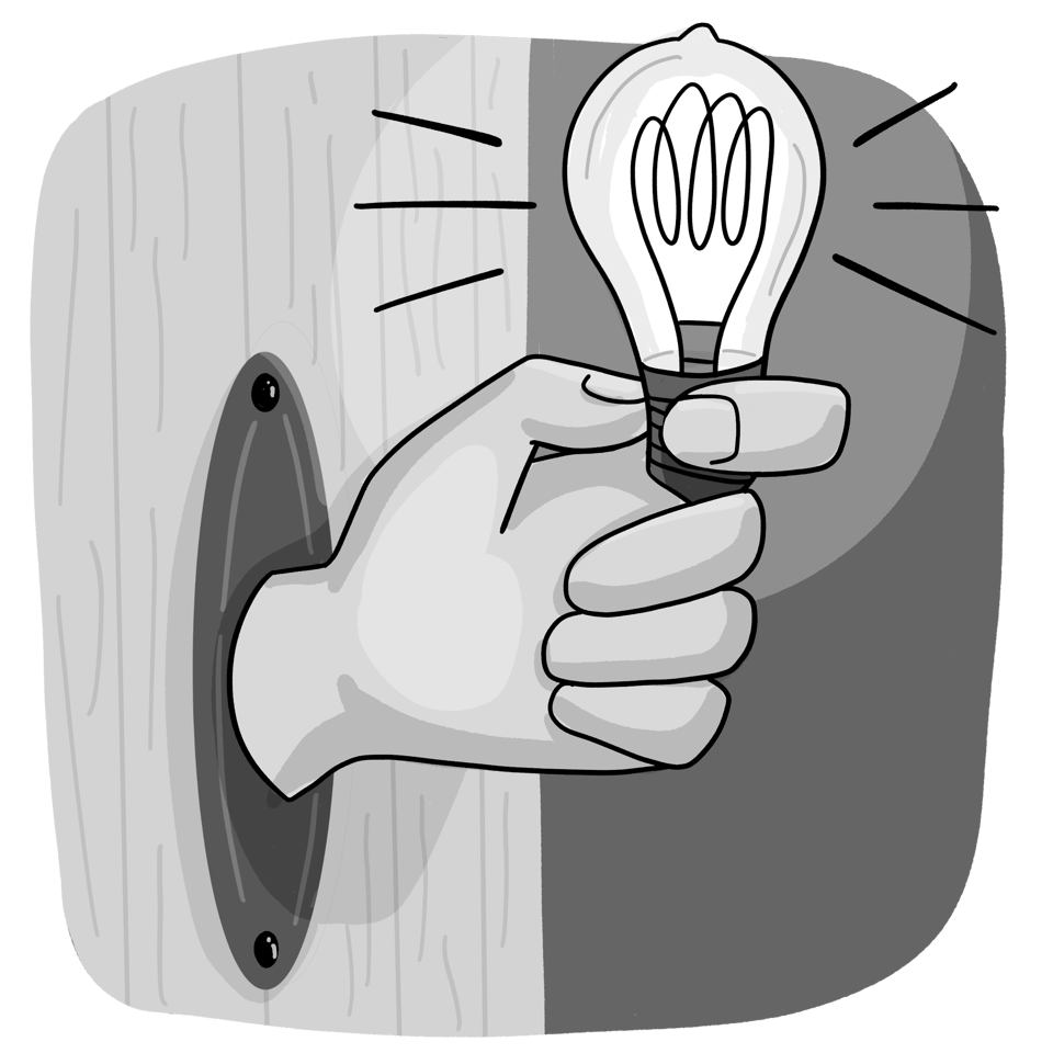 A hand-drawn image of a wall sconce shaped like a human hand holding a light bulb. 