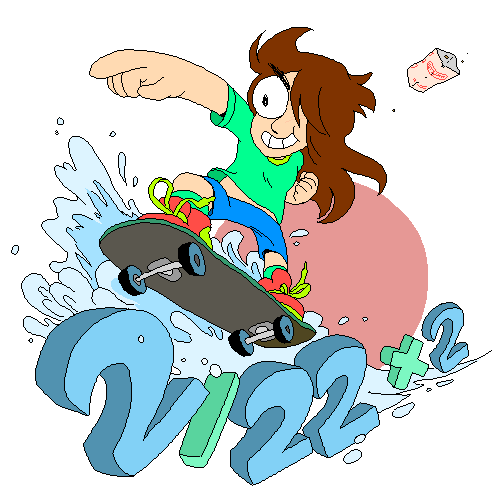Original release date graphic for Perfect Tides with Mara riding a skateboard of the numbers "2/22 x 2".