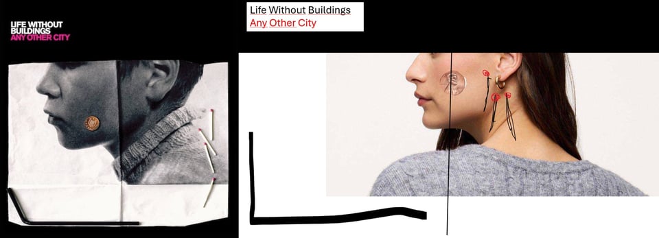 A black and white photograph of a white woman, in close up, in profile. She has short dark hair and wears a sweater. Notably, it isn't one picture, but a composite of four different takes of the same picture arranged in a 2 x 2 grid. On top of the photos is a single copper coin, placed on the woman's cheek, and four matches near the back of her neck. There is some kind of long black thing at the bottom -- a straw? A piece of metal?