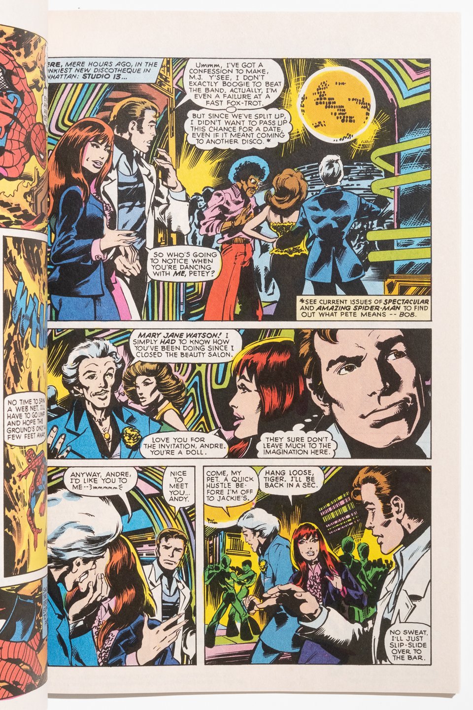 A page from the interior illustrated by John Byrne. It is a story from the 1970s and therefore is set in a disco that Mary Jane has taken Peter Parker to. The background as rendered here is almost abstract blocks of color