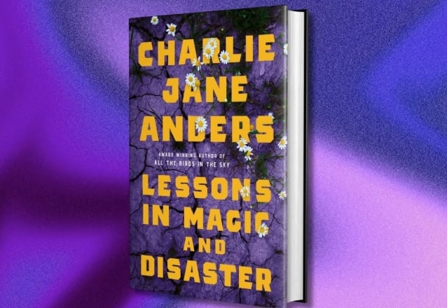 The cover of lessons in magic and disaster, feauturing daisies against cracked purple earth, against a swirly purple backdrop
