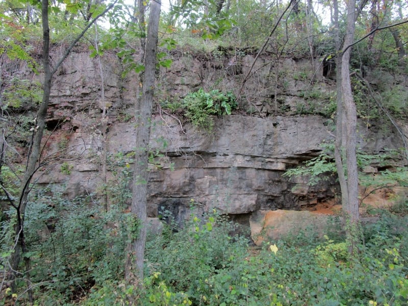 Several park trails lead you to this midbluff area, long ago a limestone quarry. The trail past it has the feel of an old road, which it was, back in the late 1800s. Limestone from this short-lived quarry can be found in the foundations of many historic Old Frontenac homes, and most impressively, as part of the Cathedral of St. John the Divine in New York City. / Photo by Pamela Miller