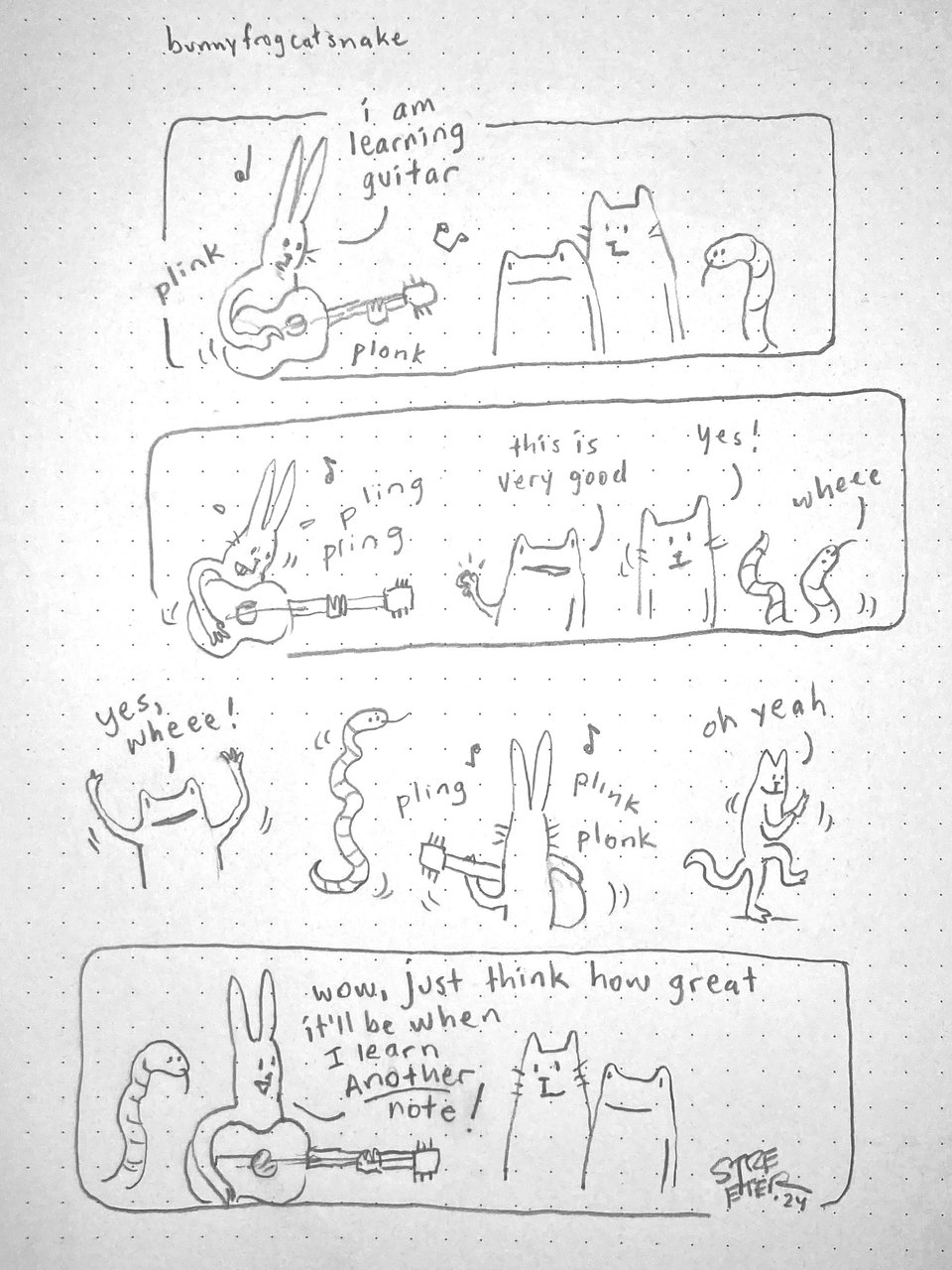 Cartoon in which Bunny learns guitar sort of