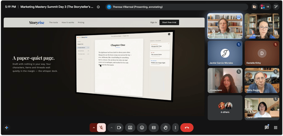 Screenshot of the demo for Storyrise, a new writing app by the Storytellers Foundation. Demo took place during Day 3 of the Storytellers Marketing Mastery Summit!