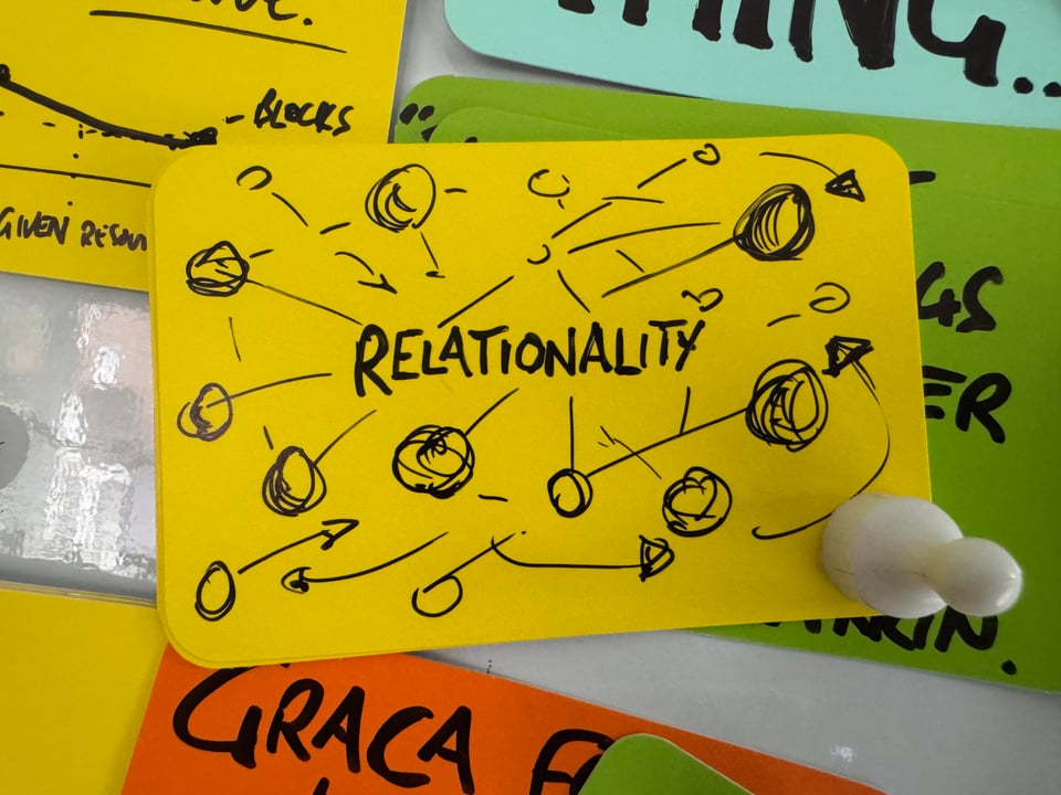 Artefact card with 'relationality' and an abstract drawing of fast moving nodes and connectors