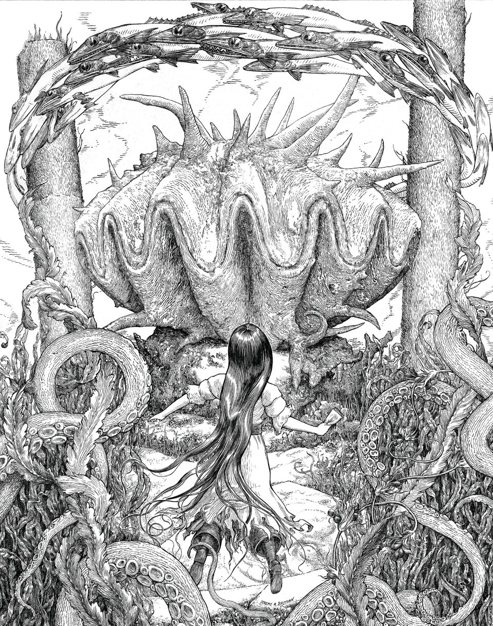Cursed Pirate Girl, floating underwater with her back to us, looks up at a giant clam sitting between two columns. The clam is ringed with a crown of circling fish and flanked by twisting tentacles and dense seaweed.