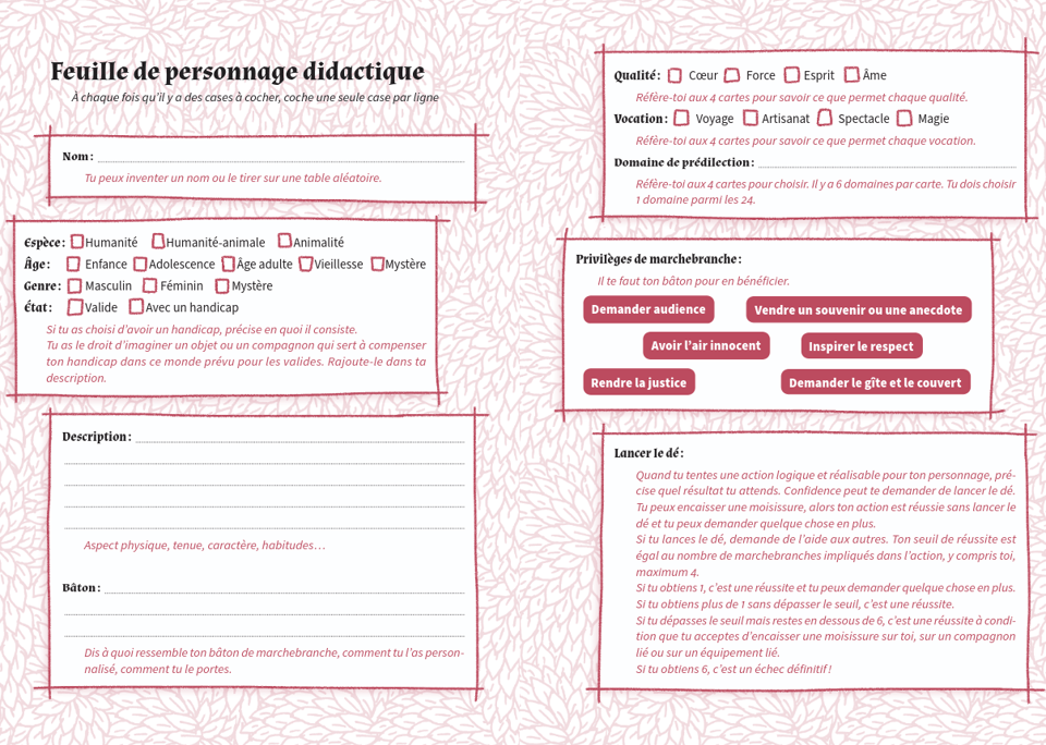 La fiche de personnage de Marchebrenche avec un fond de feuilles