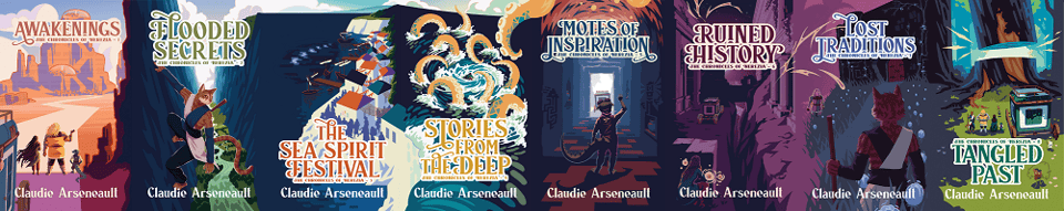 A spread of eight cover images that form one continuous canvas. The scenery goes from a red-sand desert (Awakenings) to a lush river valley (Flooded Secret), to a sea-side city (The Sea Spirit Festival), to a whirlpool in the water surrounded by a golden kraken (Stories from the Deep), to a beautifully carved stone corridor with etchings on the wall (Motes of Inspiration), to ruins of stone bathed in deep pink moonlight (Ruined History), to a grey marsh with an abandoned monastery covered in blue flowers (Lost Traditions), and finally to a lush forest with a massive tree cleanly sliced in two (Tangled Past).