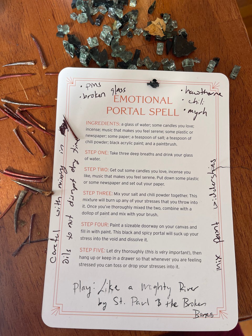 The Emotional Portal Spell card with instructions written on it in Sharpie.