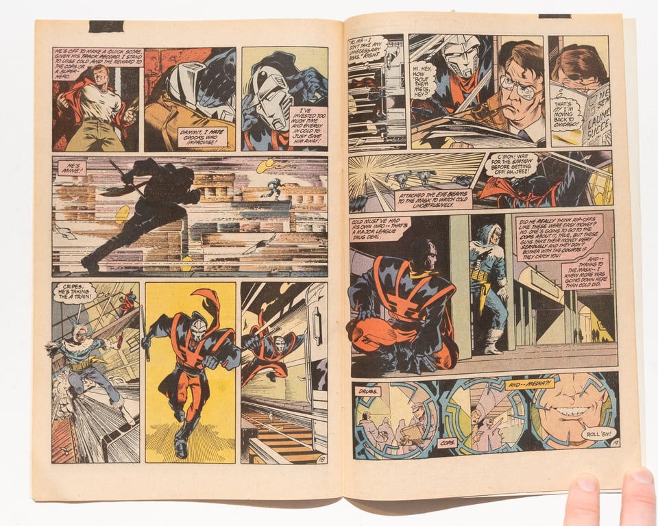 spread from Manhunter showing the character running through a subway tunnel