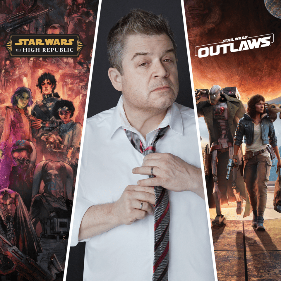triptic of star wars images centering comedian Patton Owalt