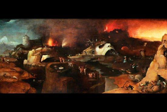 Christ in Hell, by a follower of Herionymous Bosch. This one is much more stark with its strident lacks and browns, its atypical architectures like shorn earth and a hill that resembles a human skull, calling back to Golgotha where Christ was slain. It is a harrowing depiction, underscoring Christ's bravery.