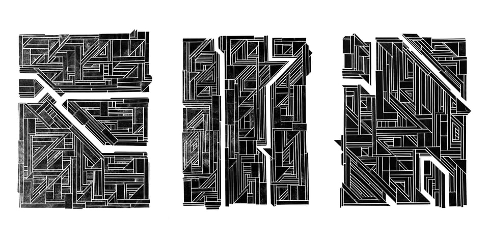 Three geometric collages made using homemade willow charcoal.