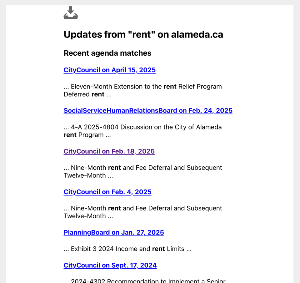 Preview of email alerts, showing search results for “rent” in Alameda, CA