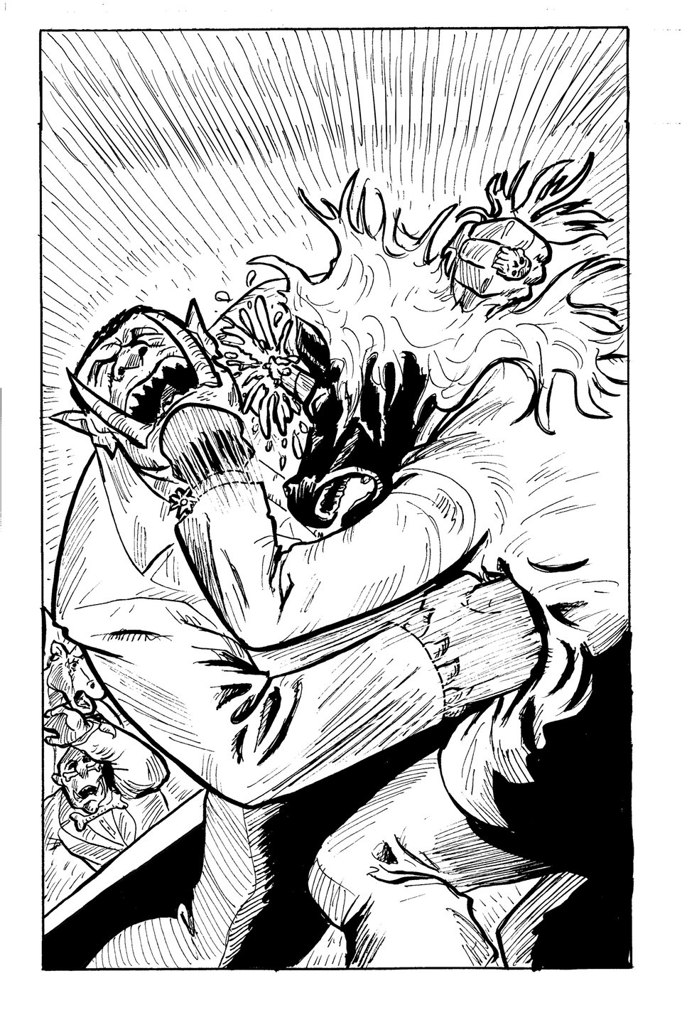 Black and white comic art. An orc in a suit fights a unicorn in a suit.