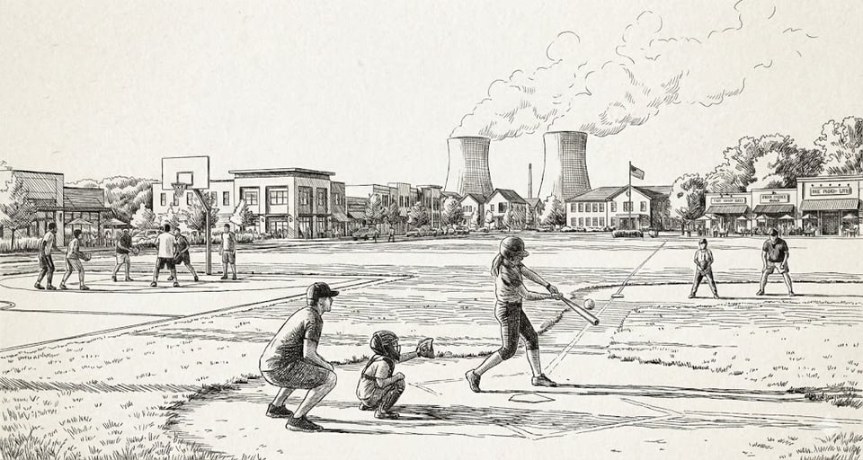 an LLM generated image of a bucolic suburban American scene powered by clean nuclear energy.