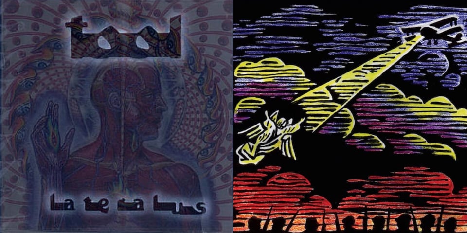 First pic: A medical-style drawing of man, from the chest up, only without skin, showing his mucles and blood vessels and other hidden parts of the body. He holds his right hand up. Around him is a psychedelic swirl that is reminiscent of a peacock's feathers. Second pic: A color drawing intended to look like a woodcut. At the top, in blue clouds, is an airplane shining a yellow light to an angel in the middle of the image amongst indigo clouds. Below the angel are silhouettes of heads of soldiers, possibly WWI, with red clouds behind them.