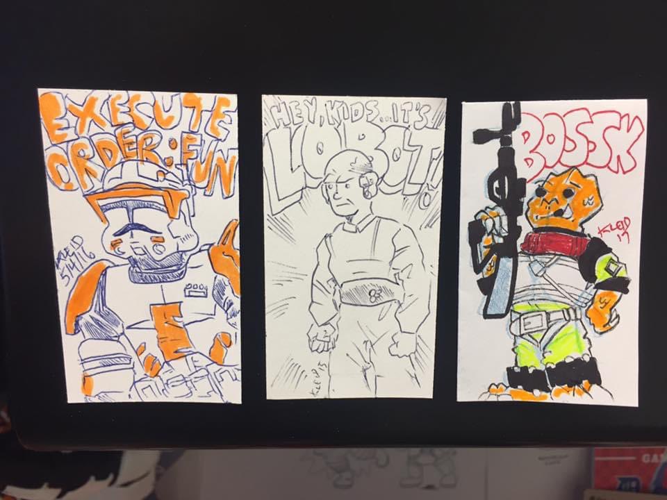three star wars drawings by neil kleid - one of a clone trooper, one of lobot and one of bossk