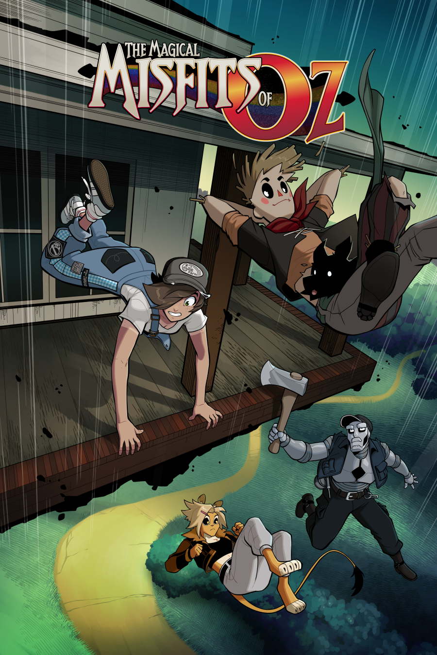 A cover image of "The Magical Misfits of Oz" featuring an older Dorothy in overalls and trucker hat falling with her farmhouse, along with the Scarecrow, Tinman, and Lion, towards the yellow road