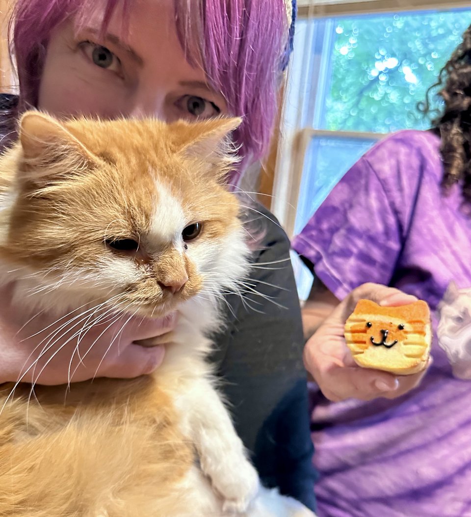 The author holding a cranky orange and white cat next to an orange and white sugar cookie portrait of him