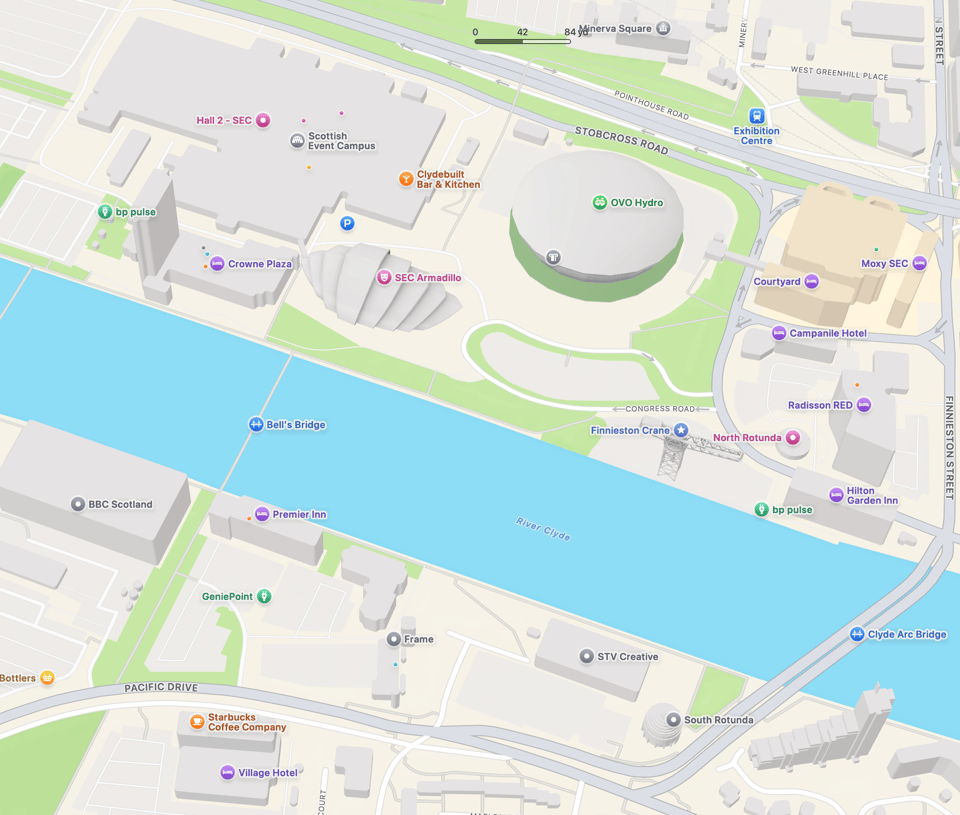 A 3D map of the SEC campus showing the locations of the convention hotels