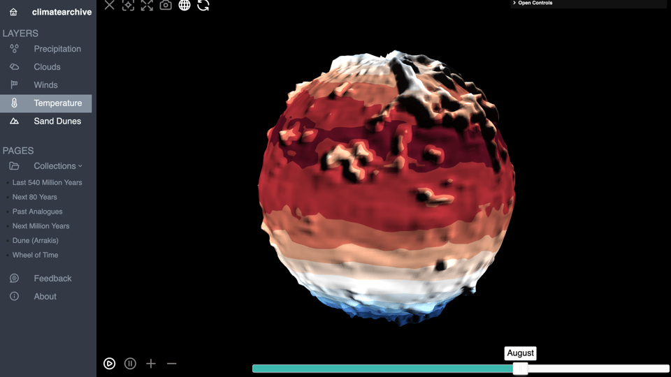 Screenshot of a browser showing the 3D model of the planet in the middle of the screen. On the far left are several options for viewing -- winds, clouds, temperature, precipitation and sand dunes. "Temperature" is selected, and the planet is colored in vertical bands - blue and white on the north and south poles, orange and yellow as things more towards the equator, and bright and dark red at the equator. There is a timeline at the bottom of the screen; the screenshot is taken in "August" of a year-long timeline cycle.