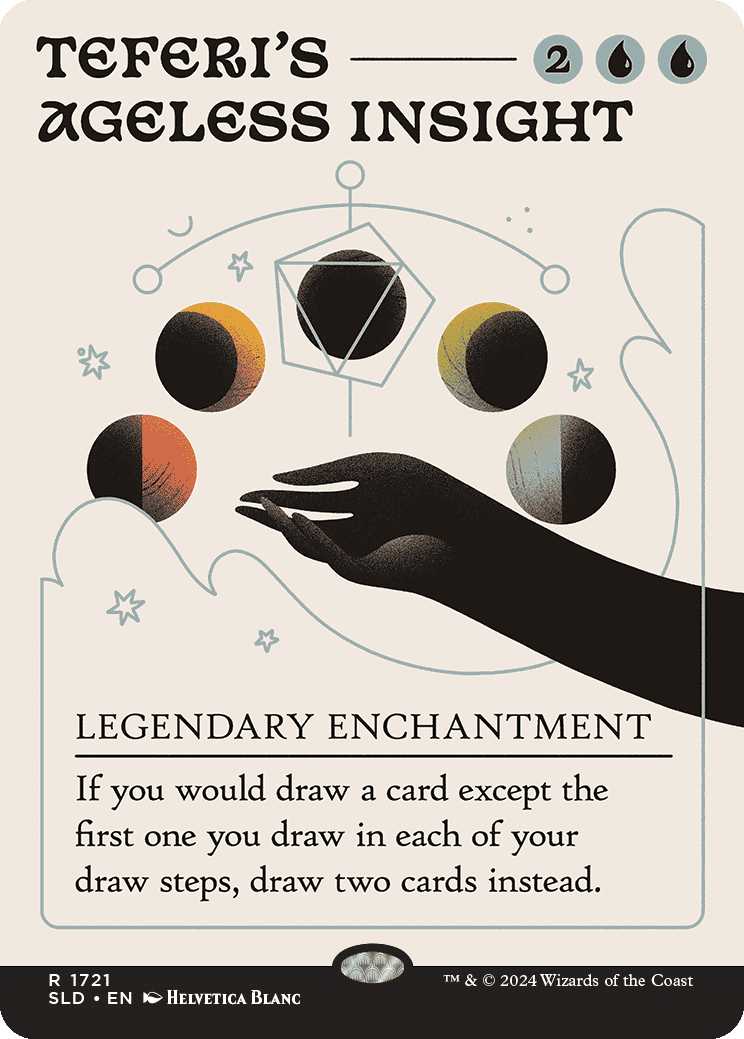 The MtG card 'Teferi's Ageless Insight', which depicts a shadowy hand holding a sigil containing the cycles of the moon.