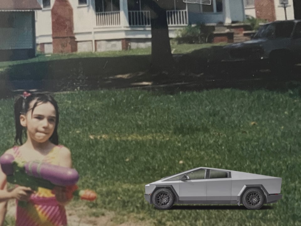 Destiny as a kid looking super intense with a water gun, pointing it at a superimposed cybertruck.