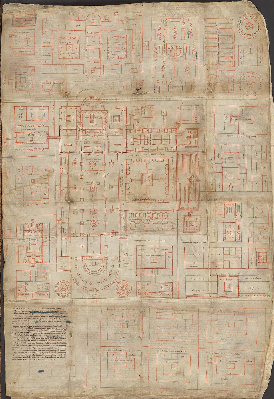 a red line drawing showing the plan of a medieval monastary, on parchment.