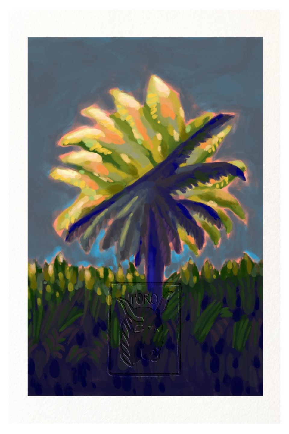 Illustration of a palm tree partially illuminated by sunlight against a dark gray blue sky