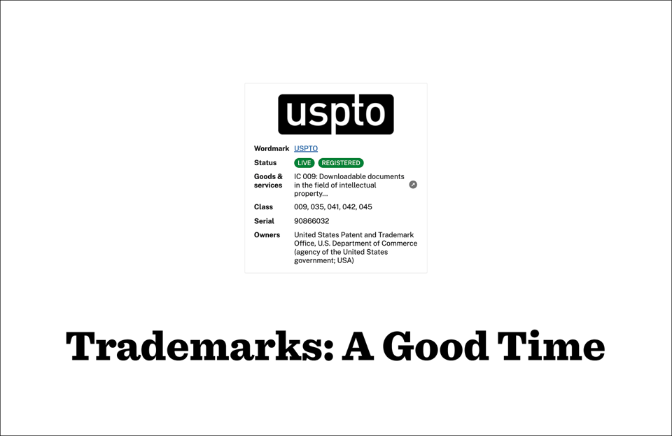 Screenshot of the trademark database, with caption 'Trademarks: A Good Time'