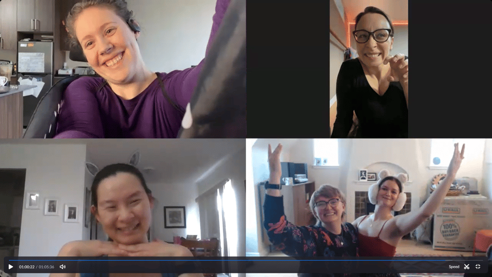 A Zoom call, with each window showing dancers smiling and posing.