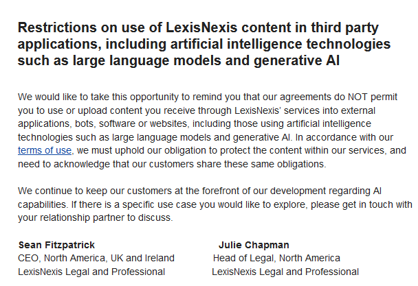 Restrictions on use of LexisNexis content in third party apps, including generative AI